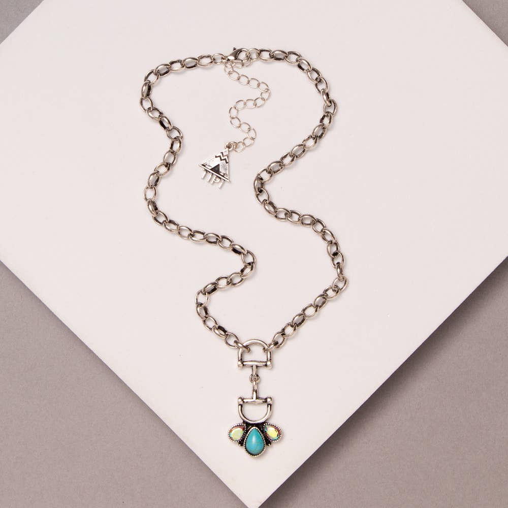 Western Turquoise Crystal Snaffle Bit Pendant Necklace